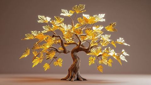 Elegant sculpture with wooden trunk and shimmering ginkgo-like gold fan leaves