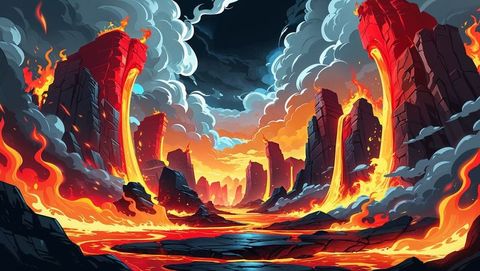 Molten hell lava river amidst volcanic canyon