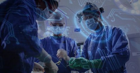 Surgical Team Performing Procedure with Digital Tech Overlay