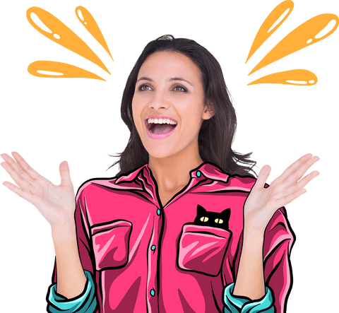 Happy Woman Wearing Creative Cartoon Shirt on Transparent Background