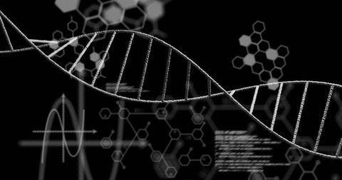 DNA Strand with Chemical Formulas on Black Background