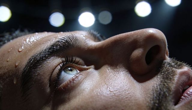 Gazing man tilting upward under bright studio lights showing sweat beads and eyelashes