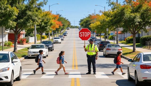 School crossing guard holding stop sign guiding children across suburban street