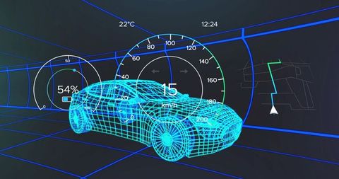 Futuristic Wireframe Car on Digital Display Panel