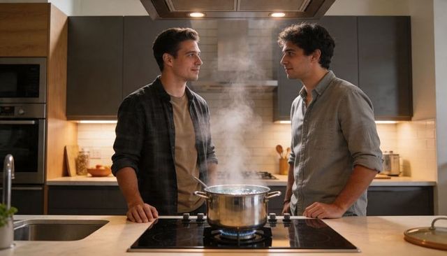 Two men cooking together at modern kitchen island with steaming pot and warm lighting