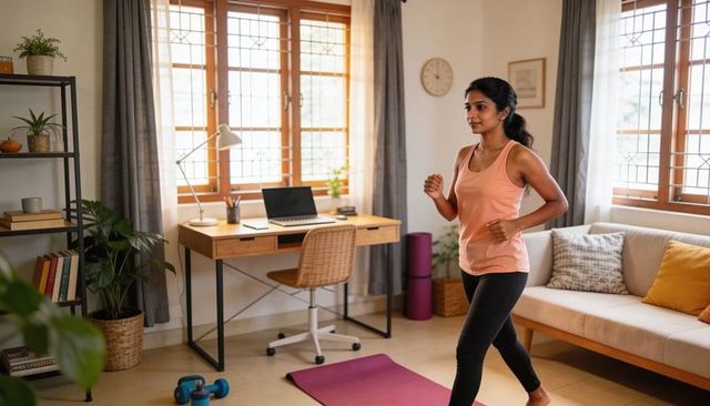 Young woman jogging indoors near desk and dumbbells, home workout lifestyle