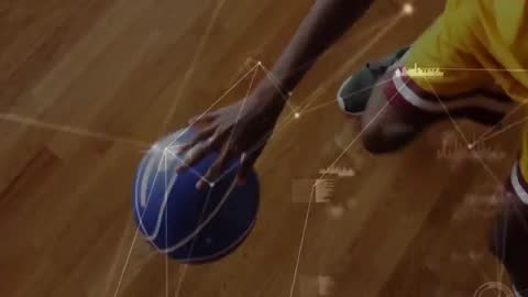 Teen Holding Basketball with Futuristic Data Visualization