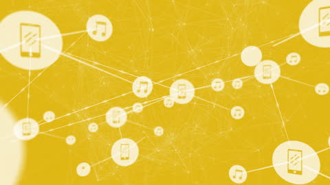 Digital Network with Music and Smartphone Icons on Yellow Background