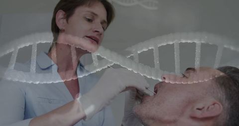 Female dentist conducting dna sampling with high-tech overlay
