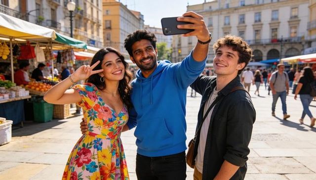 Friends taking selfie at colorful open-air market summer travel lifestyle portrait