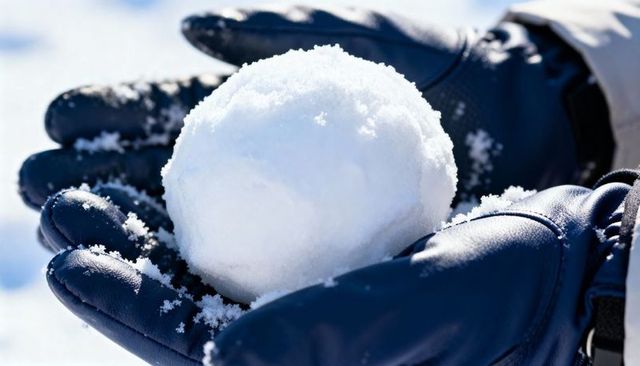 Gloved hands cradling packed snowball on sunlit snowy field, winter outdoor fun