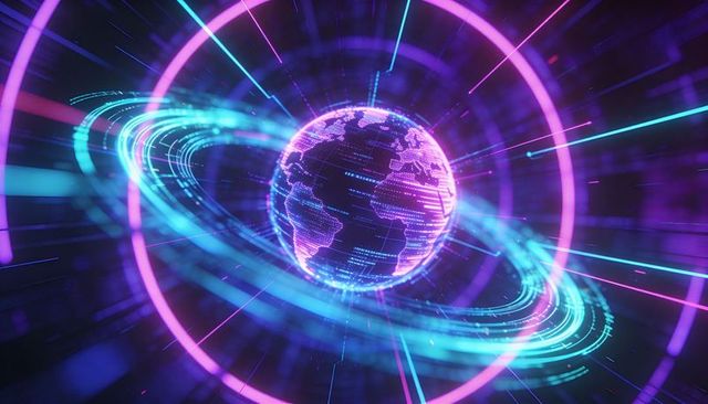 Neon holographic globe rotating with futuristic data rings and cyberpunk light trails