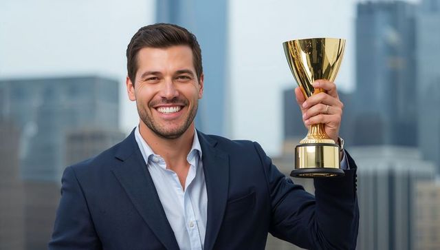 Confident businessman celebrating success holding gold trophy on urban rooftop skyline