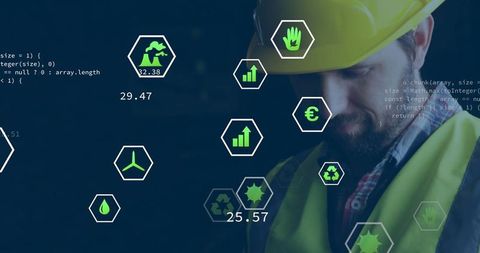 Engineer Analyzing Digital Sustainability and Technology Icons