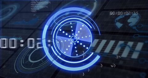 Futuristic Neon Blue HUD Radar Interface Featuring Rotating Concentric Rings and Timer