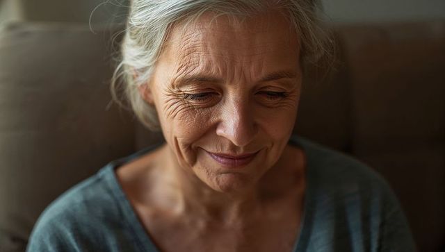 Senior woman looking down with gentle smile in soft natural light