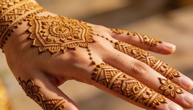 Sunlit intricate henna mehndi on adult female hand featuring floral, geometric, dotwork