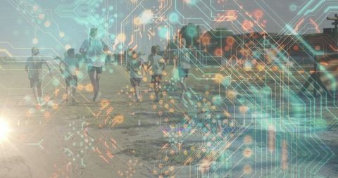 Diverse Group Jogging on Beach with Digital Circuit Overlay