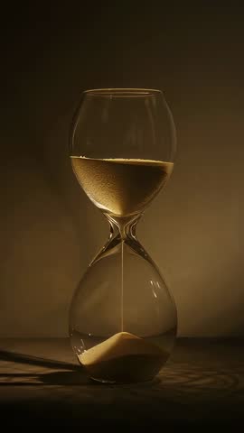Vertical hourglass counting down tan sand flow with warm light and dramatic shadow