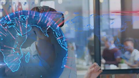 Businesswoman Using VR Headset with Futuristic World Map Display