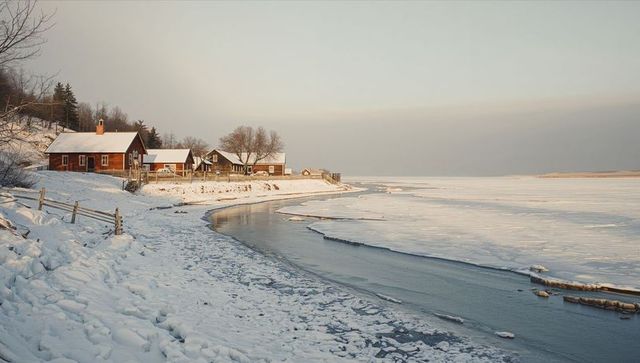 Wooden cottages sitting on snowy coastal shoreline with frozen bay and split-rail fence