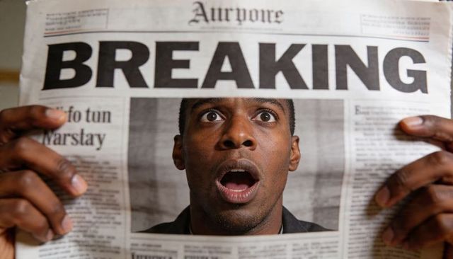 Shocked man holding breaking headline in newspaper closeup surprised open mouth expression