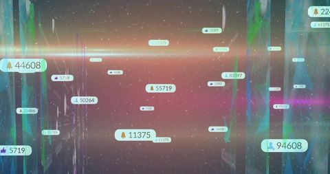 Floating data badges and metric labels in neon 3d analytics dashboard futuristic interface
