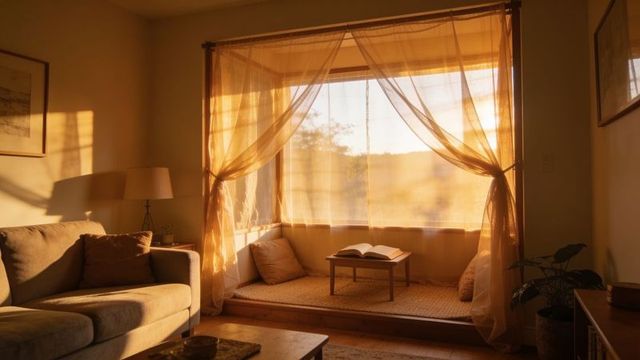 Sunlit reading nook with sheer curtains and open book, golden-hour cozy alcove