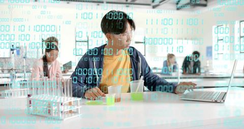 Asian teen conducting colorful chemistry experiment with laptop and binary data overlay