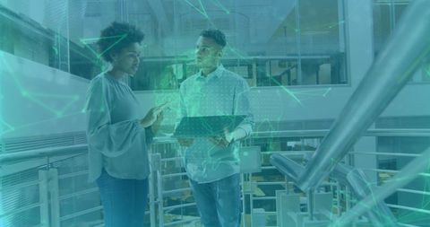 Professionals Analyzing Network Overlays in Modern Atrium Office