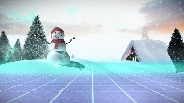 The scene features a cheerful snowman wearing a red scarf and hat in a snowy landscape alongside a quaint cabin. Falling snowflakes add a festive atmosphere. A digital grid intersects the landscape, introducing a modern twist to the idyllic winter setting. Useful for holiday greetings, winter-themed marketing, or tech-inspired seasonal projects.