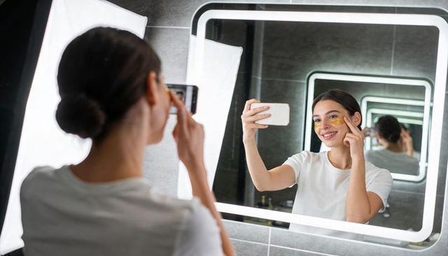 Young woman taking mirror selfie while applying gold under-eye patches in modern bathroom