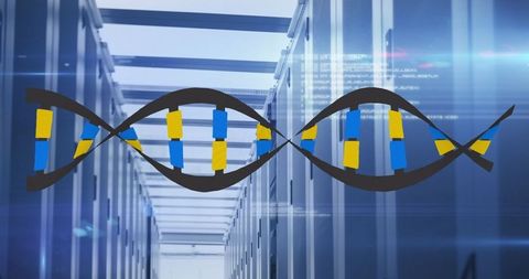 DNA Helix Overlaid on Futuristic Data Server Room