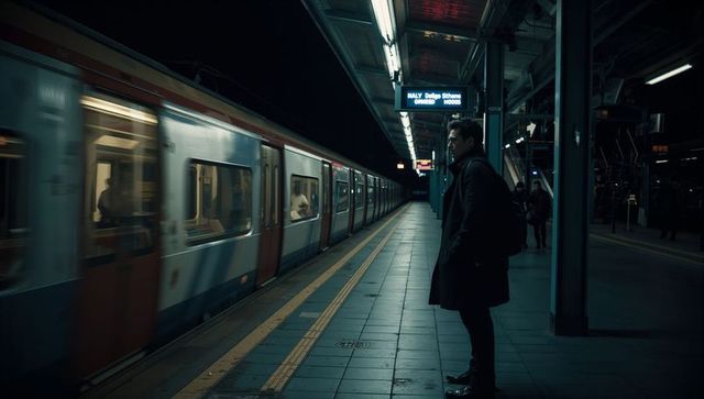 Solitary commuter standing on night subway platform by moving train, fluorescent lights
