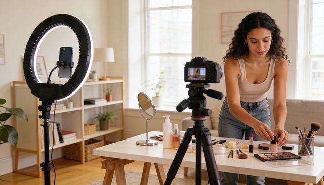 Beauty creator filming makeup tutorial in bright home studio with ring light and dslr