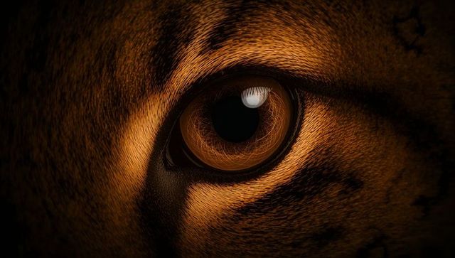 Big cat eye macro revealing intense amber iris and detailed whisker pad texture