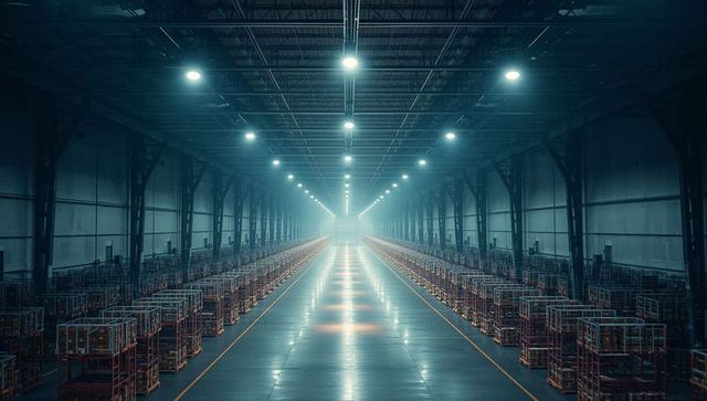Vast warehouse aisle with repetitive symmetry and wire cages