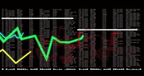 Neon Line Graphs Overlaying Financial Data with Wireframe City Skyline and Ticker Grid
