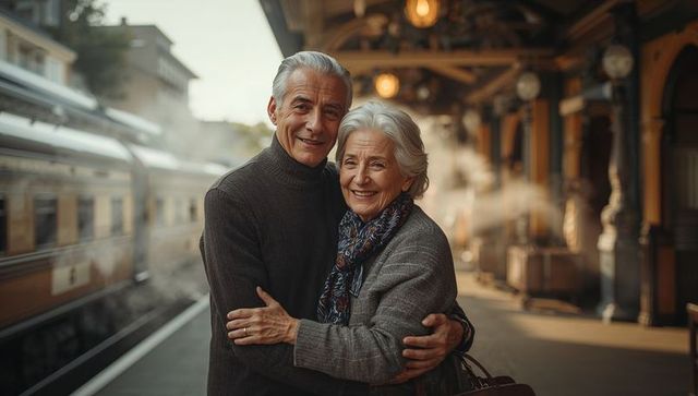 Senior couple embracing on vintage train platform, smiling, travel romance and nostalgia
