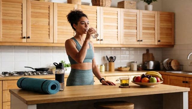 Woman drinking water after workout in kitchen wearing teal activewear