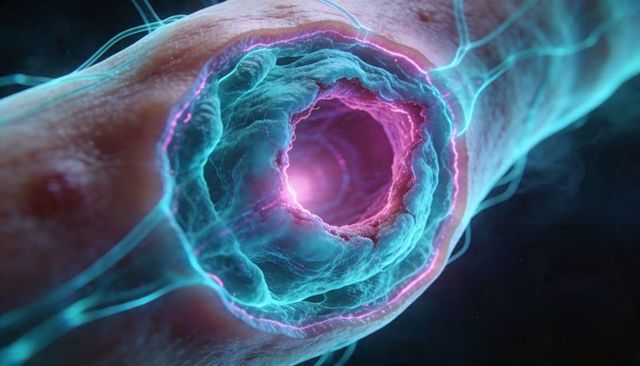 Microscopic bioluminescent tubular conduit revealing neon ridges with pink-violet core