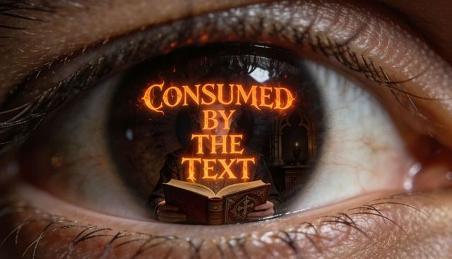 Close-up human eye reflecting robed reader reading ornate book with glowing gothic text