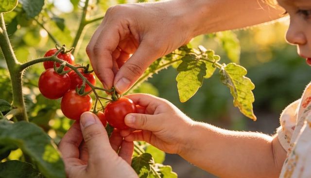 Parent and child harvesting ripe cherry tomatoes in sunlit home garden, family gardening