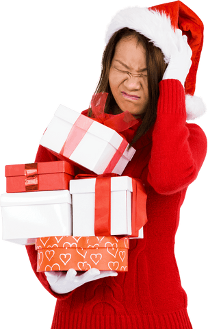 Frustrated Woman in Santa Hat Holding Christmas Gifts Transparent Background