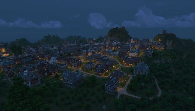 Glowing valley town at night with hilltop castle, lantern-lit streets and pitched roofs