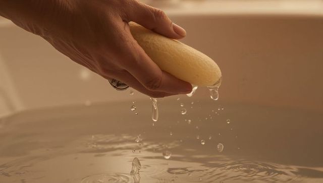 Squeezing sponge with ringed hand over bathtub releasing water droplets and ripples
