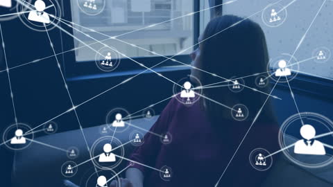 Woman Interacting with Digital Network Interface at Modern Office