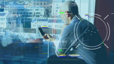 Businessman Using Smartphone with Futuristic Financial Data Overlay