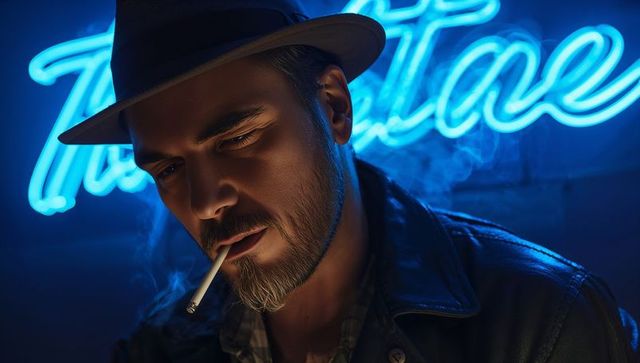Noir neon portrait of smoking man in fedora and leather jacket with blue glow