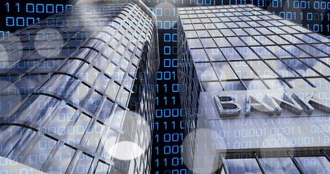 Digital Binary Code Overlay on Modern Bank Skyscrapers - Download Free Stock Images Pikwizard.com